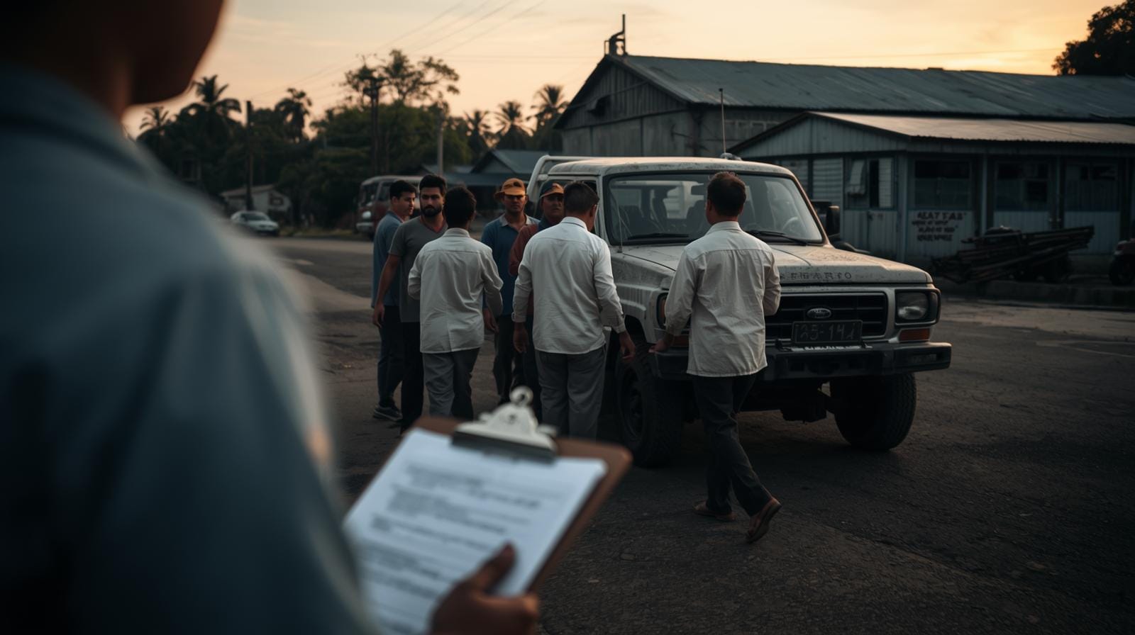 Refugee workers in uniforms boarding a factory pickup truck while a labour inspector with a clipboard observes nearby.