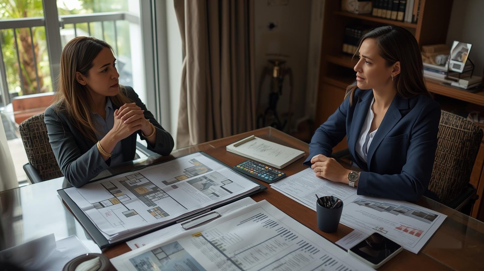 Foreign villa owner in a Thai law office on Koh Samui discussing legal restructuring of a nominee company with a Thai lawyer.