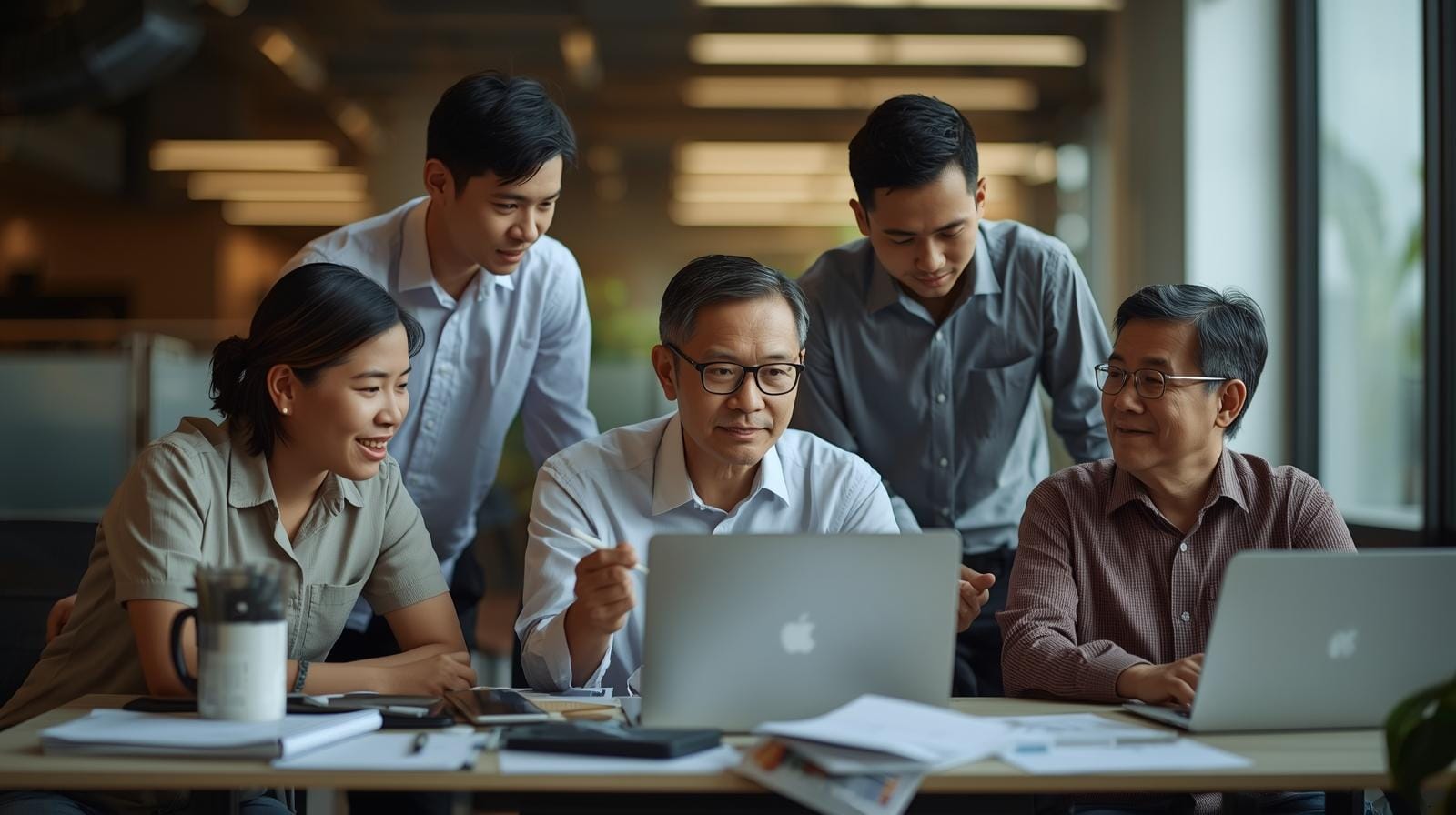 Older and younger Thai colleagues working together in a modern office, representing policies to utilize senior workers and imported talent.