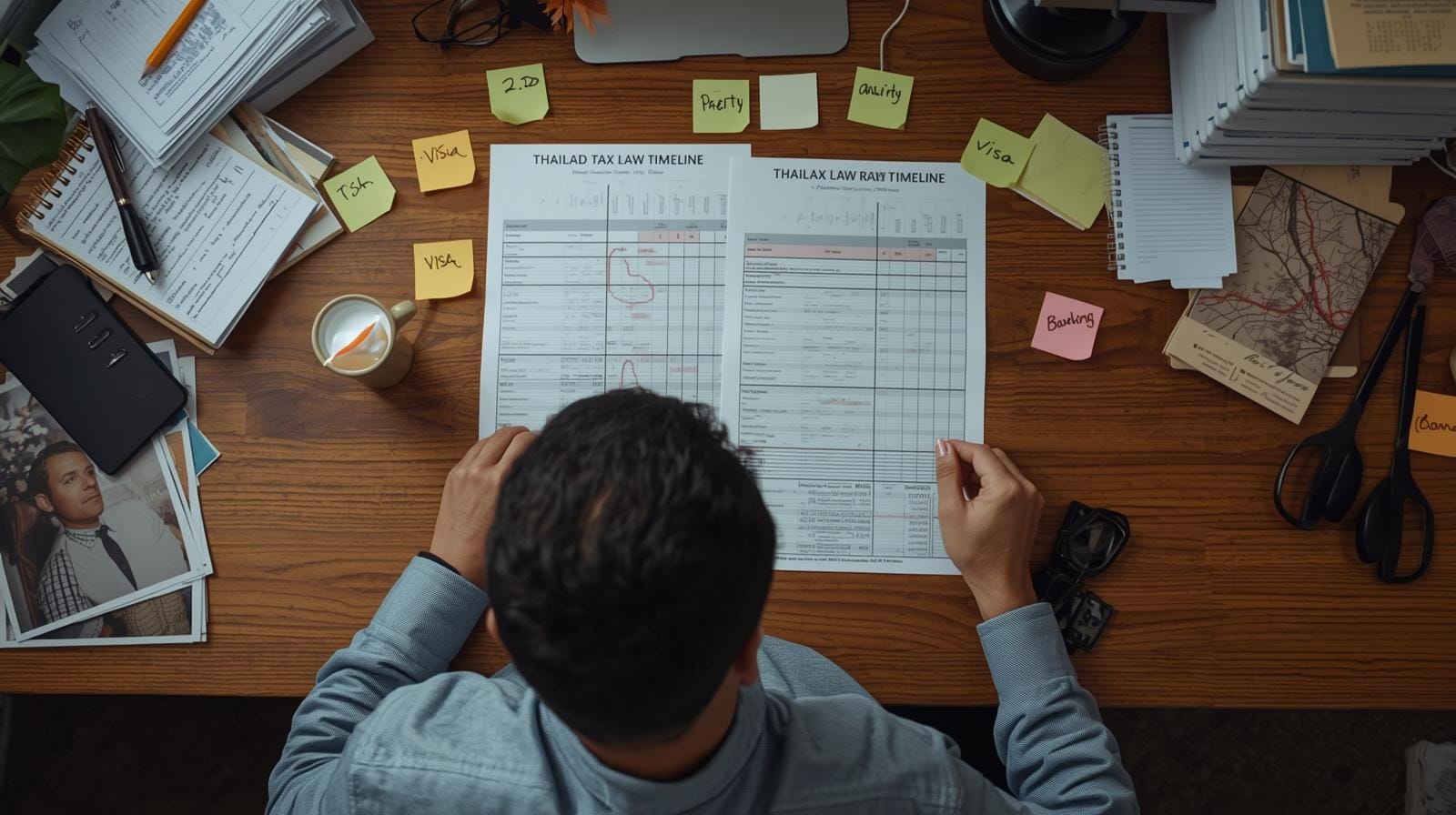 Analyst at a desk with charts showing Thai foreign-income tax timelines and a two-year exemption window highlighted.