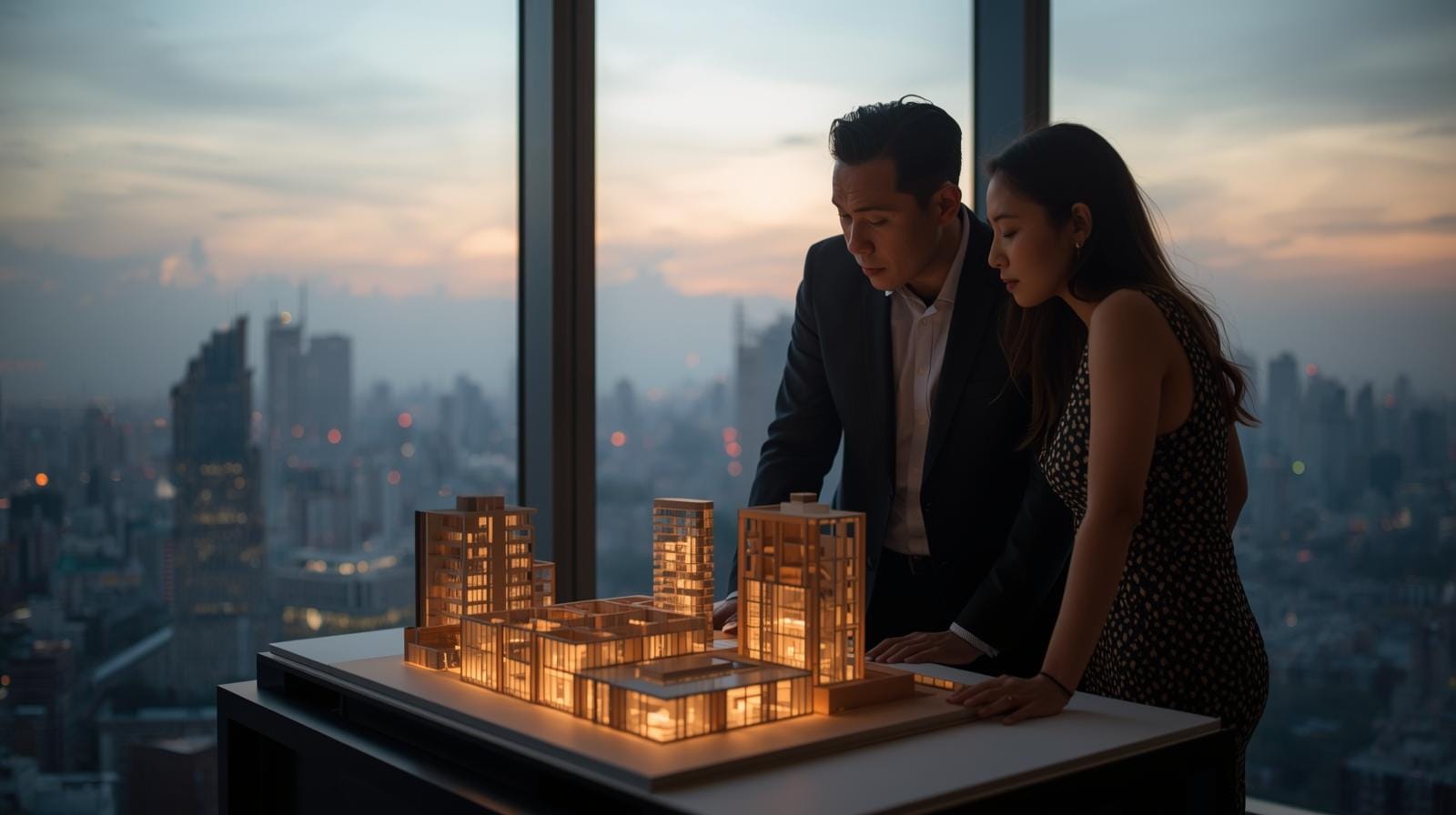A foreign couple looks at a Bangkok condo model with the skyline behind, symbolizing international interest in Thai real estate.