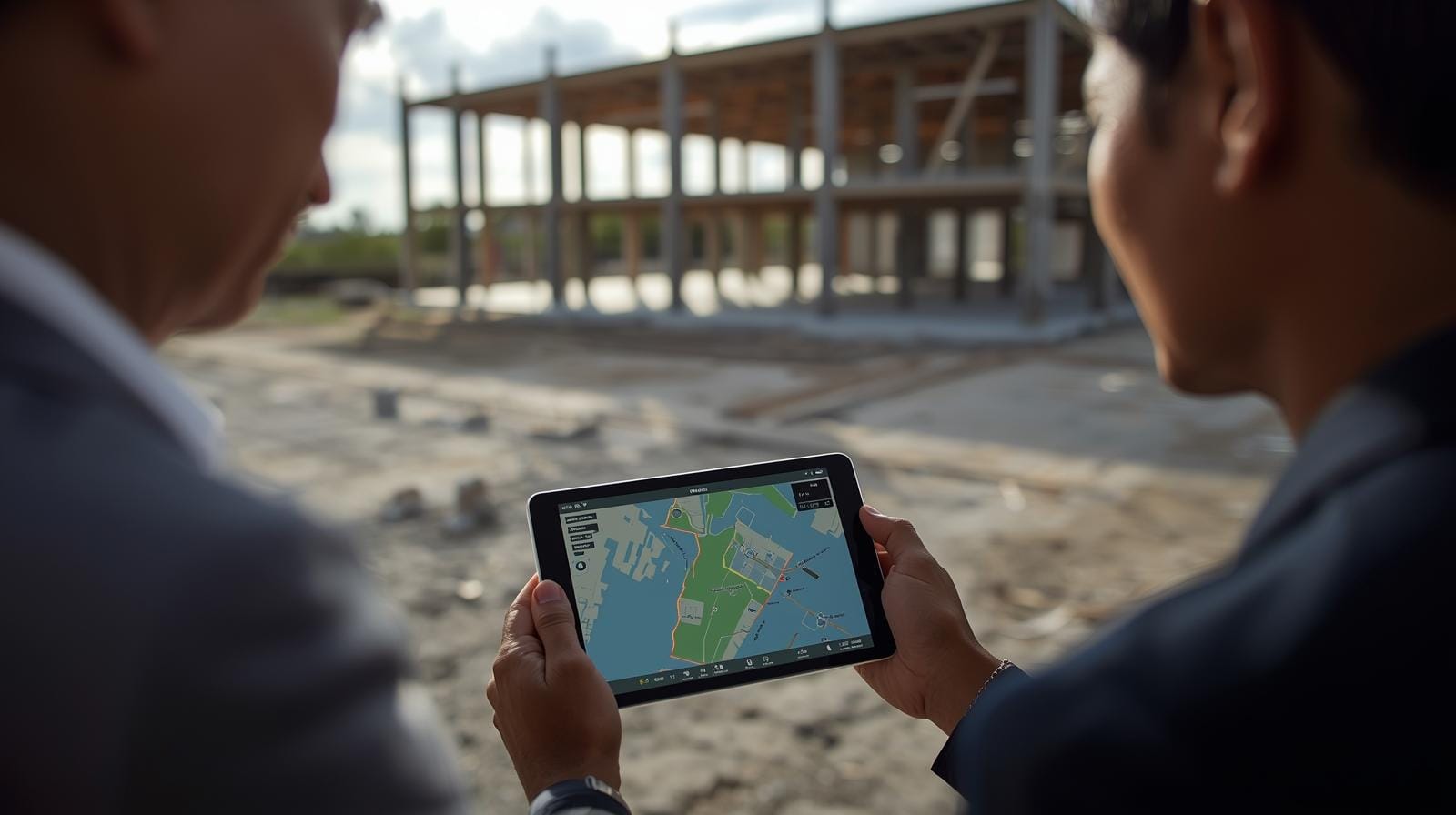 Two people in business attire standing on a construction site, looking at a tablet showing maps of a data centre site and infrastructure overlays.