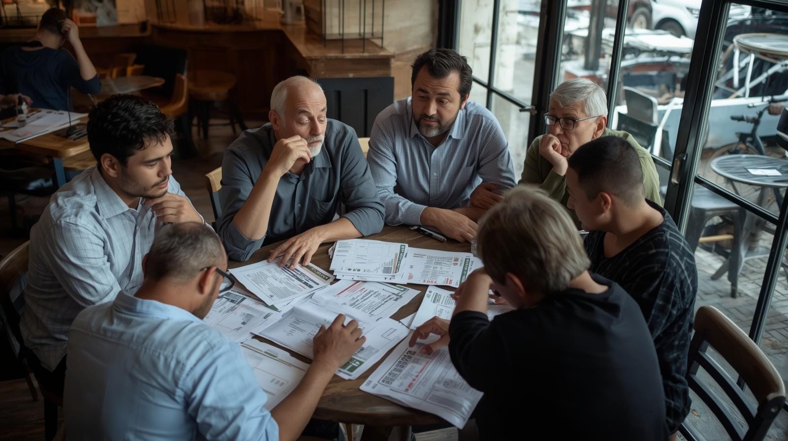 Group of expats in a Bangkok café studying tax notices and bank statements on a table, looking concerned.