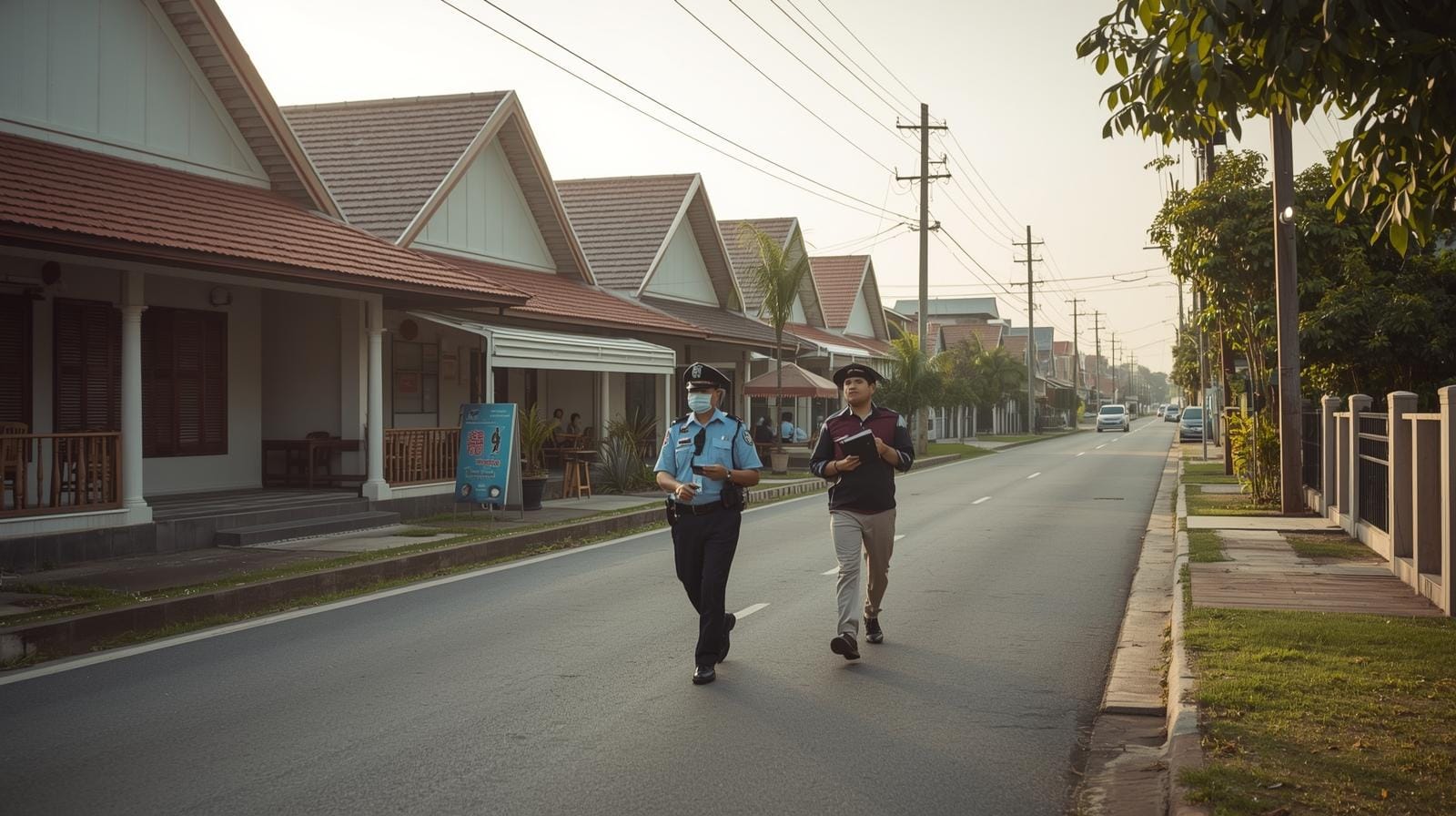 Thai officers and officials walking past closed beachfront properties on a Thai island, preparing to inspect suspected nominee-run businesses.