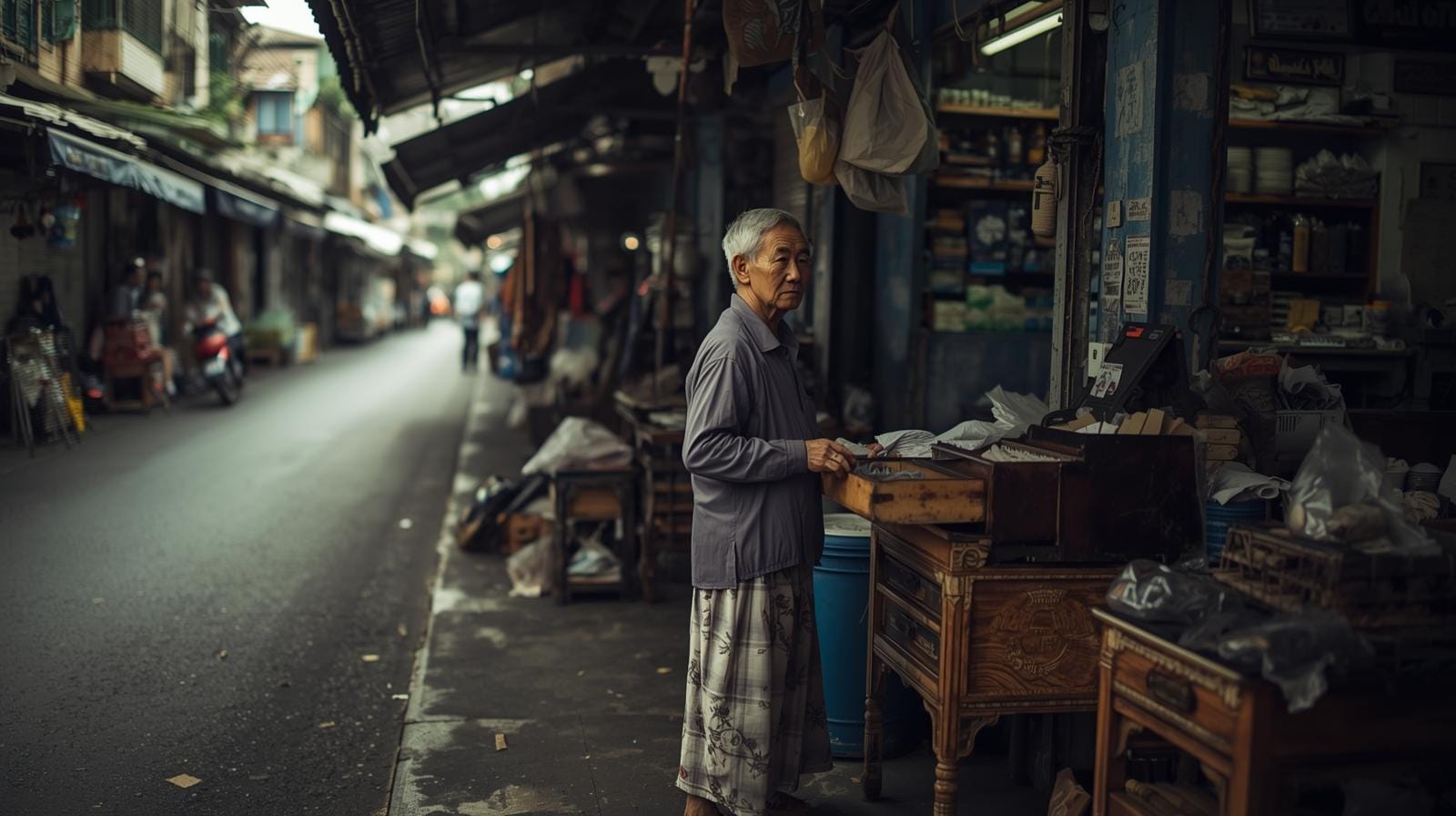 An elderly Thai shopkeeper stands in a quiet market stall with sparse customers, symbolizing the economic slowdown from an aging population.