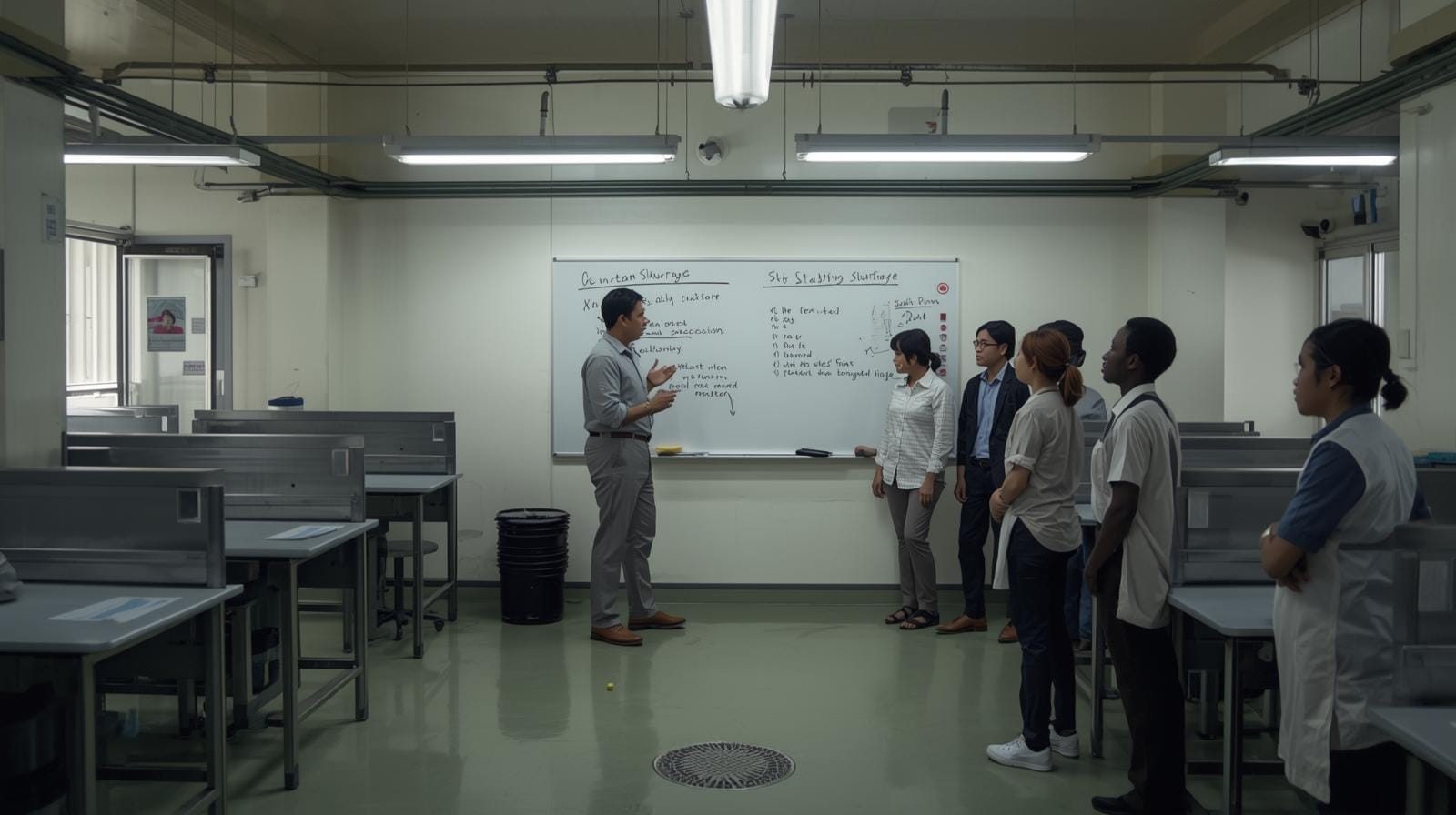 Inside a Thai food-processing facility with some empty workstations; a supervisor briefs a small group of workers, including refugees, about staffing gaps.