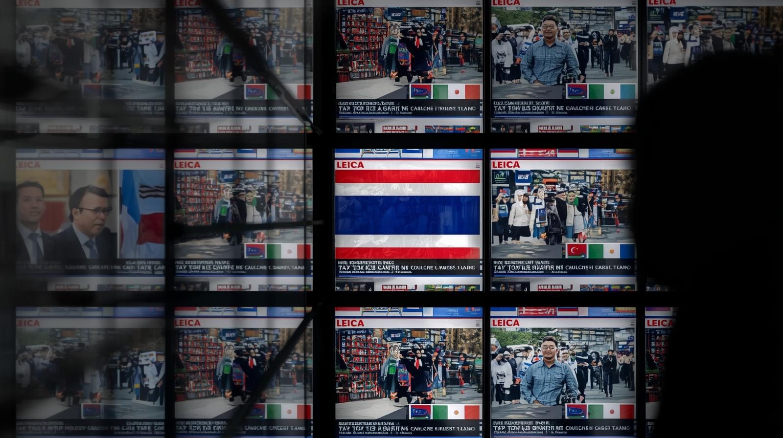 Desk with screens showing tax news from Thailand, Singapore, Malaysia and Latin America, Thailand’s flag highlighted.