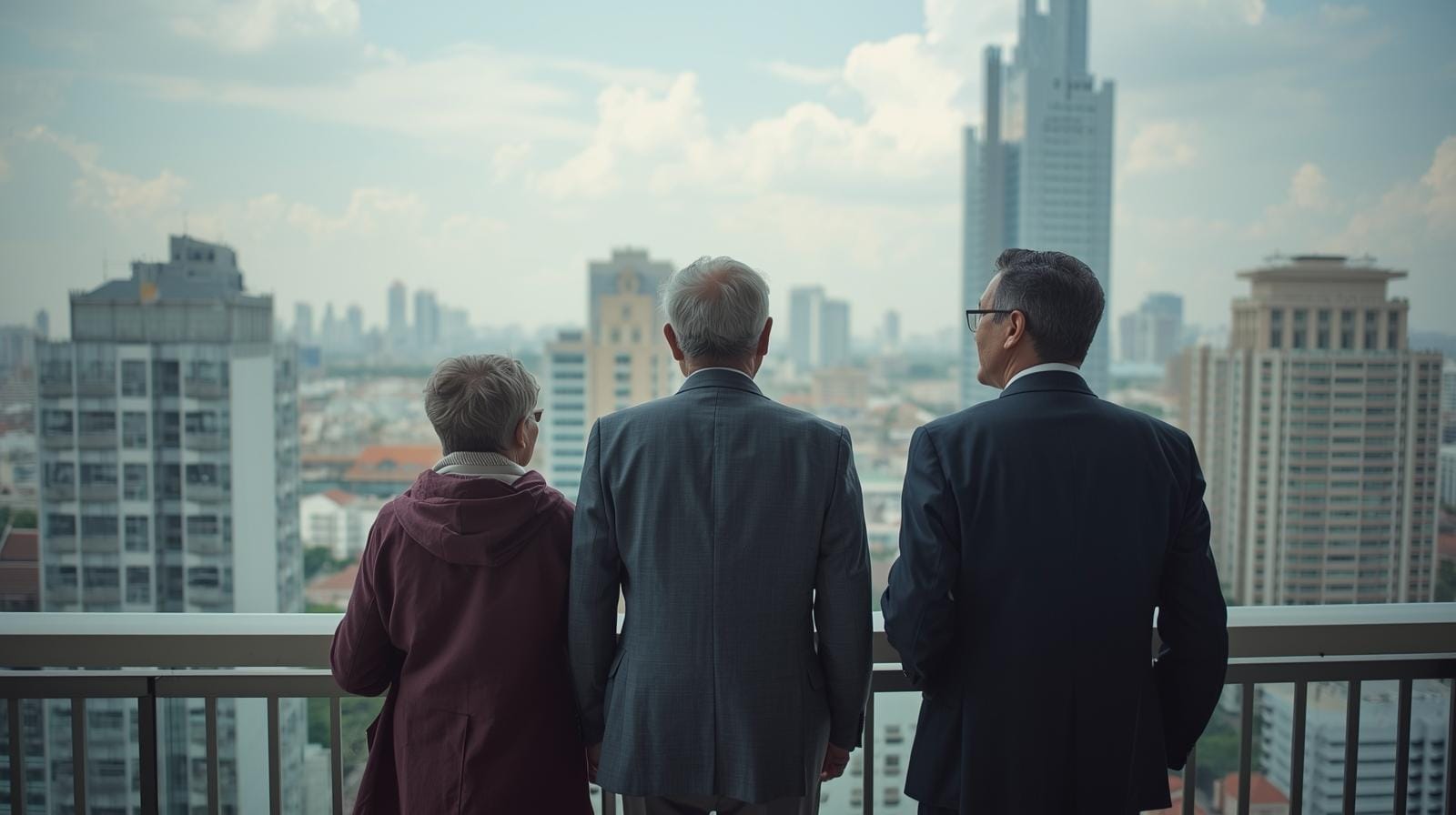Retired couple, digital nomad, and corporate executive together on a Bangkok balcony, each facing a different direction over the city.