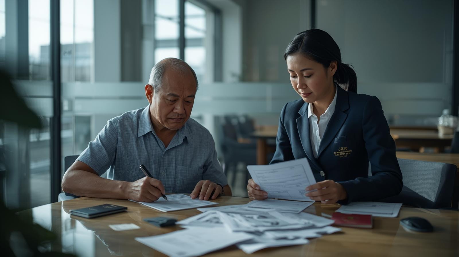 Retiree completing visa paperwork at a Thai immigration office.