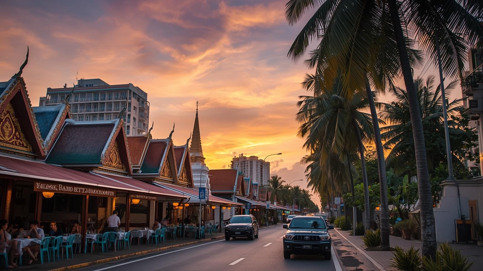 Beachfront scene in Thailand with expats and locals at sunset.