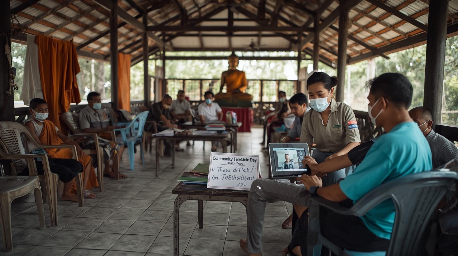 Village Health Volunteers running a telehealth clinic in a Thai temple pavilion, helping elderly villagers use digital devices to consult a remote doctor.