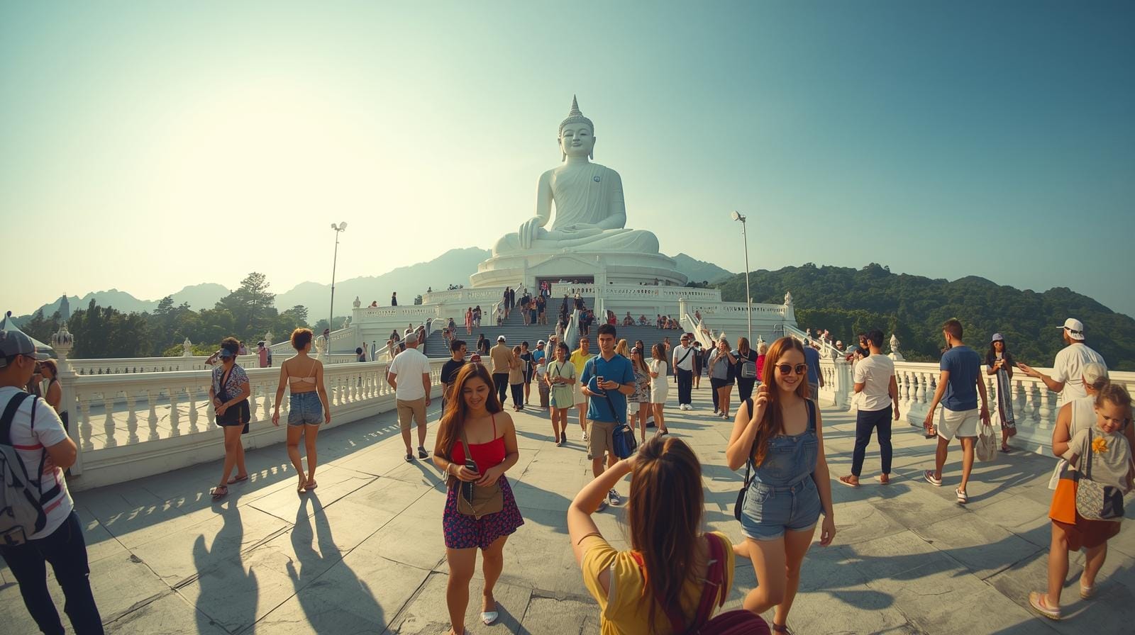 Foreign tourists take photos at the Big Buddha statue in Phuket.