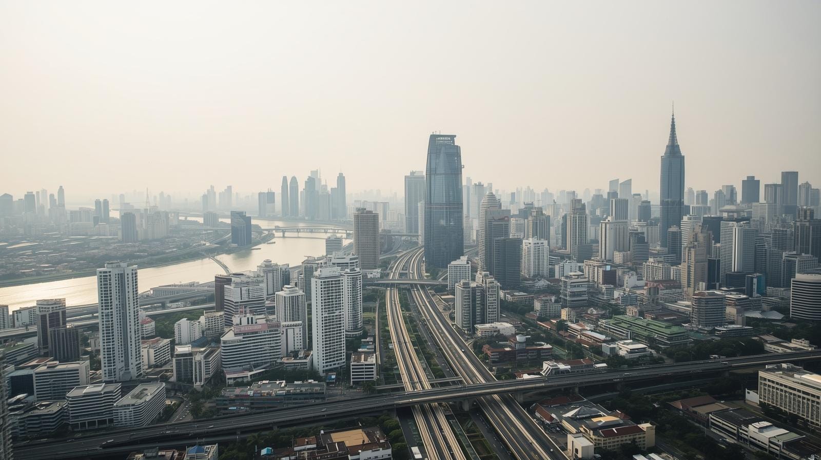 Wide-angle view of Bangkok from above, highlighting separate clusters of skyscrapers across the cityscape connected by expressways, indicative of a developing multi-CBD metropolis.